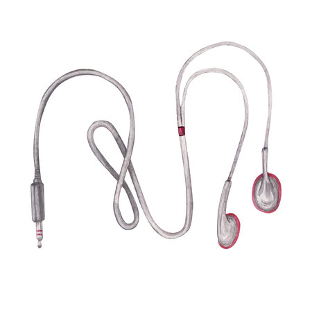 A watercolor illustration of wired earphones with soft red accents. Hand-draw in the style of the...