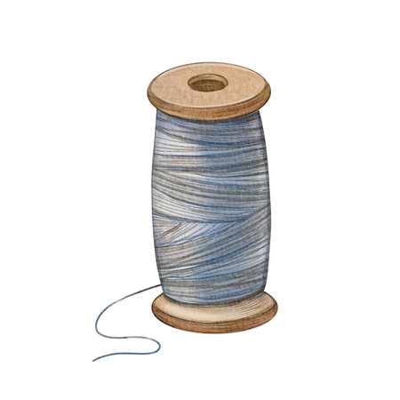 A skein of sewing thread isolated on a white background. Watercolor illustration of a blue reel....