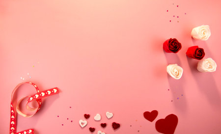 Valentines day decorations on pink backgroundの写真素材