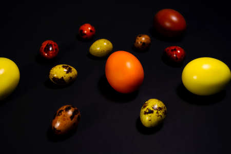 Easter eggs on black background. Copy spaceの写真素材