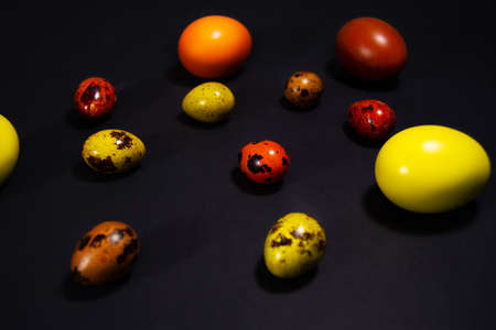 Easter eggs on black background. Copy spaceの写真素材