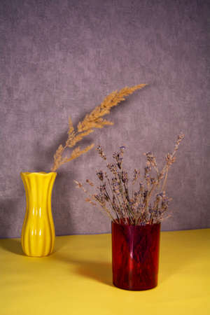 Dried natural flower in a plastic vase and dry spikeletの写真素材