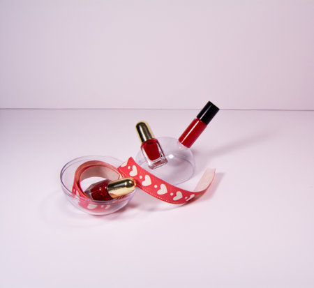 Valentines Day background. Red lipstick and nail polish on a white background.の写真素材