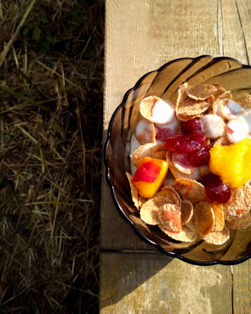 Bowl of cereal and fruitの写真素材