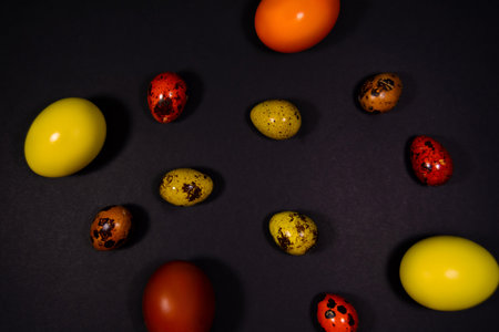 Easter eggs on black background. Copy spaceの写真素材