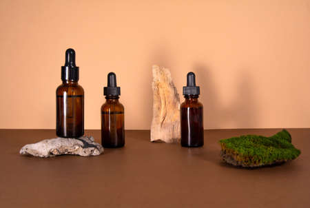 Cosmetic product with moss, stones and tree bark decor.