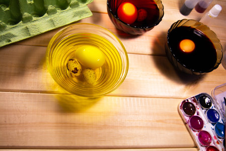 Preparing for the Easter. Egg coloring processの写真素材