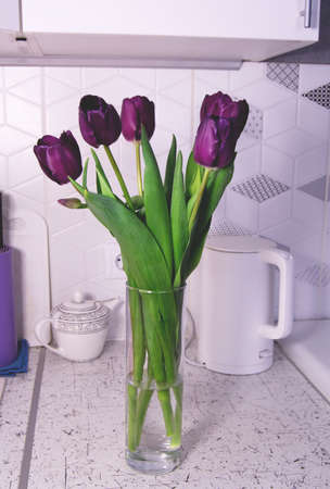 Bouquet of purple tulips in a vase in the kitchen. In the background there is an electric kettle, a teapot and other kitchen utensils. Lifestyleの写真素材