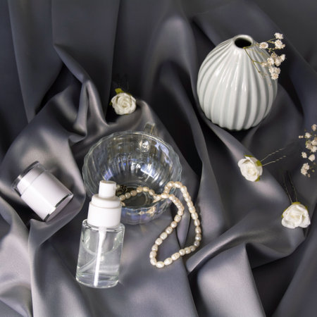 Luxury cosmetics concept. Still life on a shiny, delicate gray fabric. Beauty product with vase,...