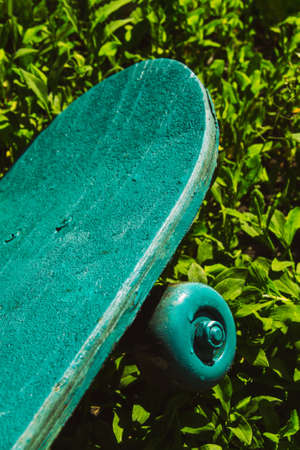 Green wooden skateboard on grass outdoors on a sunny day. Skateboarding background, street extreme sport.の写真素材