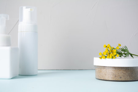 Set of cosmetics products with herbal on a gray background. Natural organic cosmetic. Copy spaceの写真素材