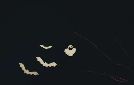 Halloween decoration, ghosts and paper bats, tree branches on a black background. Backdrop for holiday and party, copy spaceの写真素材
