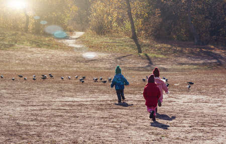 Children play in nature. People from the back