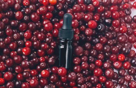 Glass bottle with liquid, serum or essential with cranberry. Health and medicine concept, beauty and...