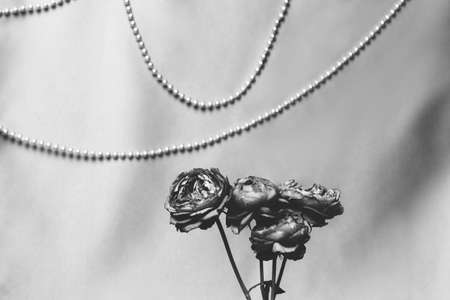 Black and white still life with a bunch of roses on a shiny pink fabric background. The textile is decorated with silver beads. Copy spaceの写真素材