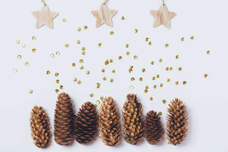 Christmas glitter festive mockup with wood ornaments: pine cones and stars. Zero waste christmas. Layout with a place for an inscription.の写真素材