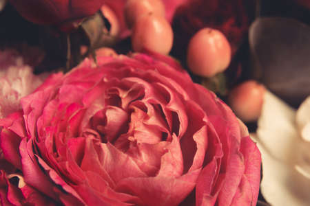 Beautiful bouquet with pink roses close up. Floral background