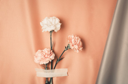 Creative still life with a bunch of carnations on a shiny pink fabric background. Copy spaceの写真素材