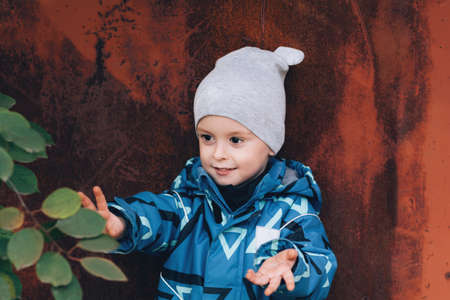 A cheerful child looks at a branch with leaves and reaches for it with his hands. environmental research conceptの写真素材