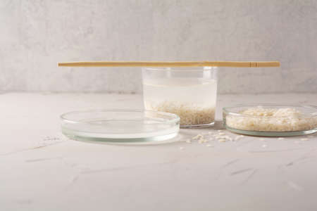Jar of rice water for skin care face cleansing cosmetic product. Holistic beauty concept, fermented beauty care trendの写真素材