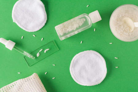 Rice water skin care product and eco friendly accessories. Holistic beauty concept, fermented beauty...