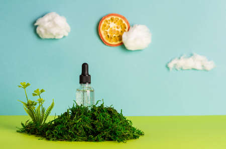 Facial cosmetic product on a blue background with green plants. Eco and natural beauty concept. front viewの写真素材