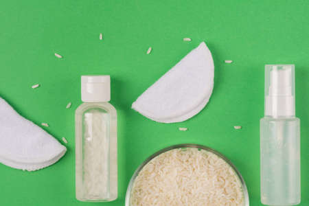 Rice water skin care product and eco friendly accessories. Holistic beauty concept, fermented beauty care trendの写真素材