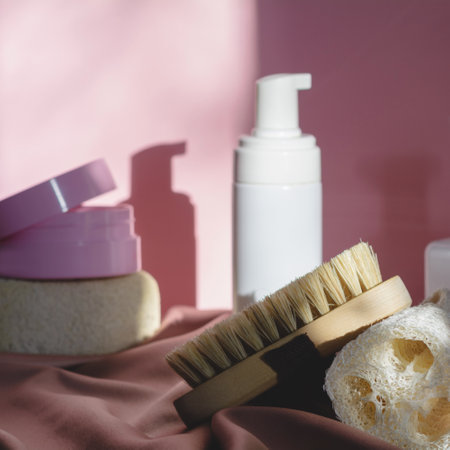 Spa cosmetic products and eco friendly bathroom accessories on a shiny pink fabric background. Beauty, spa and wellness concept.の写真素材