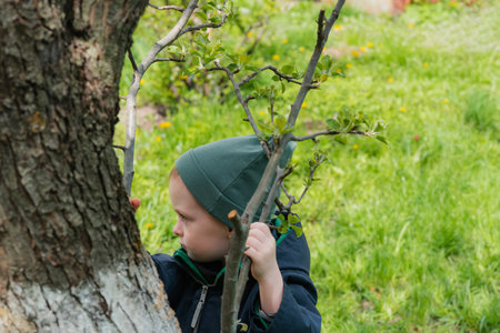 The child climbs a tree, holds on to the branches with his hands and looks to the side. Happy and...