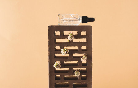 Care cosmetic for face and body skin with extracts of wild plants on a brick podium. Self care trend and wellbeing.の写真素材