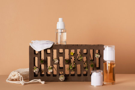 Care cosmetic for face and body skin with extracts of wild plants on a brick podium and cotton reusable facial sponges. front viewの写真素材