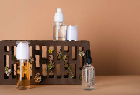 Liquid beauty products with wild plants on a brick podium. Cosmetic bottle with care product. front viewの写真素材