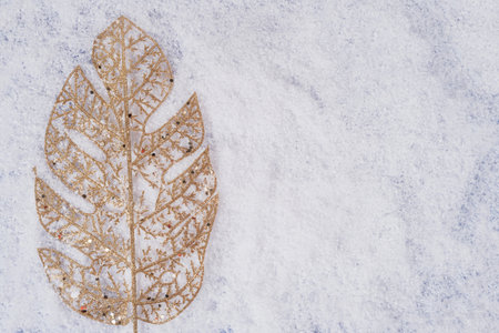 Holiday golden decorations in the snow. Space for text