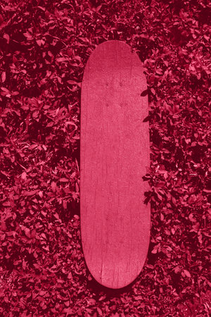 Red wooden skateboard on grass outdoors on a sunny day. Skateboarding background, street extreme sport. Color of the Year 2023の写真素材