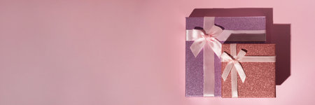 Banner with pink and lilac holiday boxesの写真素材