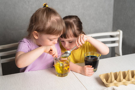 Children color eggs with food coloring. Getting ready for Easterの写真素材
