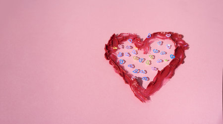 Heart drawn with red lipstick on a pink background. Valentines day concept.