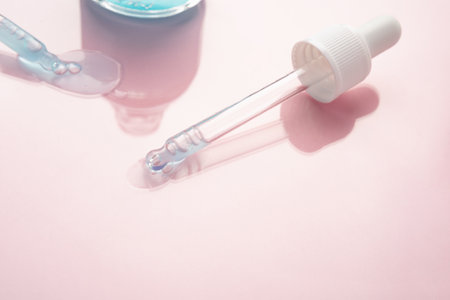 Pipettes with a cosmetic product on a pink background. Cosmetic bottle with blue liquidの写真素材