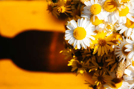 daisies, clover, yellow flowers, grass Sedge in a field bouquet are in a vase in the garden on a chairの写真素材