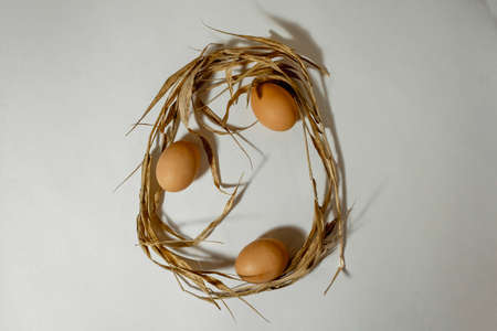 The Easter egg shape is made of eggs and straw. Minimal holiday concept. Flat ley, top view.の写真素材