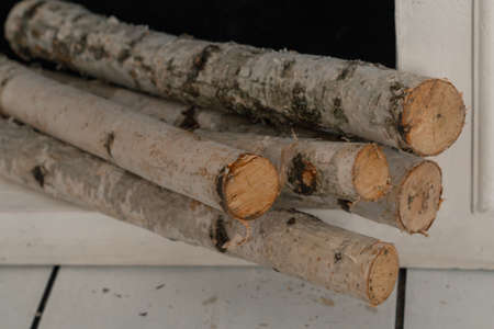 Birch wood is laid in an artificial fireplace. minimalistic decor.