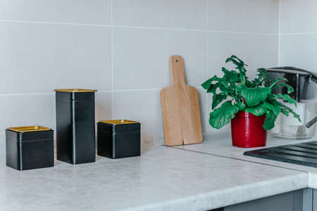 A variety of pasta in containers cans. The concept of zero waste storage. Storage of food in the kitchen with a low-waste lifestyle.の写真素材