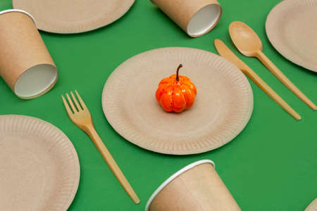 Recyclable fork, spoon, knife, plate and cup on a green background with orange pumpkins next to it. Kitchen utensils are served on the table. Top view. Minimalist Style. Copy space.の写真素材