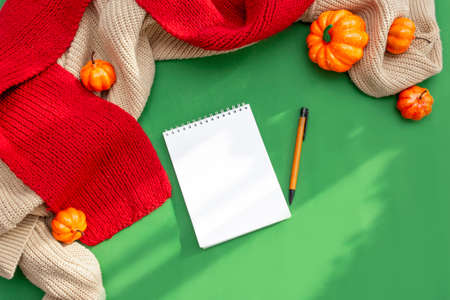 A paper notebook, a ballpoint pen, orange pumpkins, a beige sweater and a red knitted scarf on a green background. Top view. A place to copy. Notepad for recording autumn lists.の写真素材
