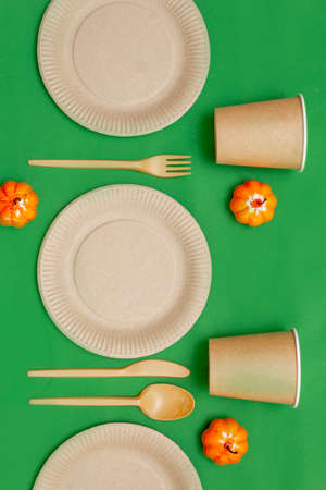 Recyclable fork, spoon, knife, plate and cup on a green background with orange pumpkins next to it. Kitchen utensils are served on the table. Top view. Minimalist Style. Copy space.の写真素材