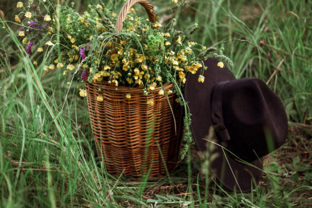 A bouquet of yellow-blue wildflowers in a wicker basket and a black hat in the field. copyspace. selective focus.の写真素材