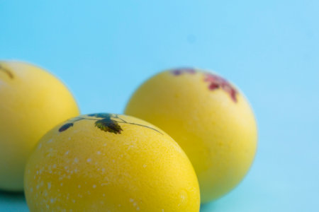 Yellow with a plant pattern of eggs lie on a bright blue background. Painted eggs for Easter.