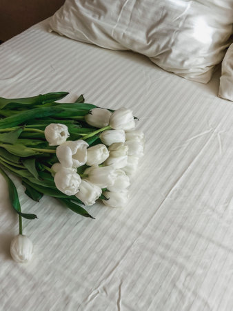 A large bouquet of white tulips is lying on the bed, on white bed linen. Birthday surprise,...