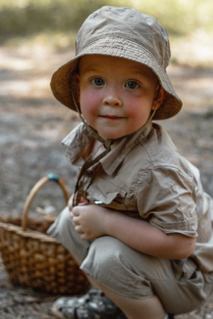 Portrait of a squatting little boy in a panama hat next to a basket in the woods.の写真素材