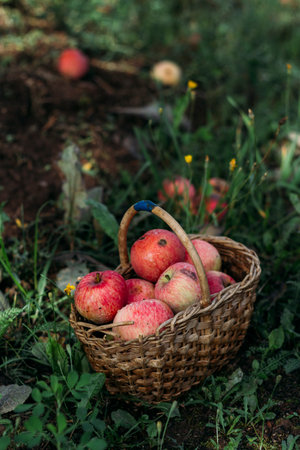 Red garden apples in a wicker basket stand in the grass in the garden in summer. Harvesting. Natural natural light.の写真素材